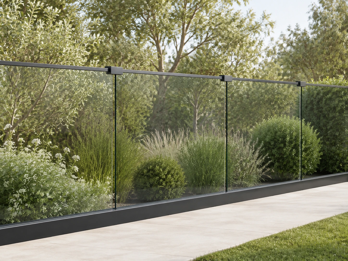 Clear glass railing beside a landscaped garden
