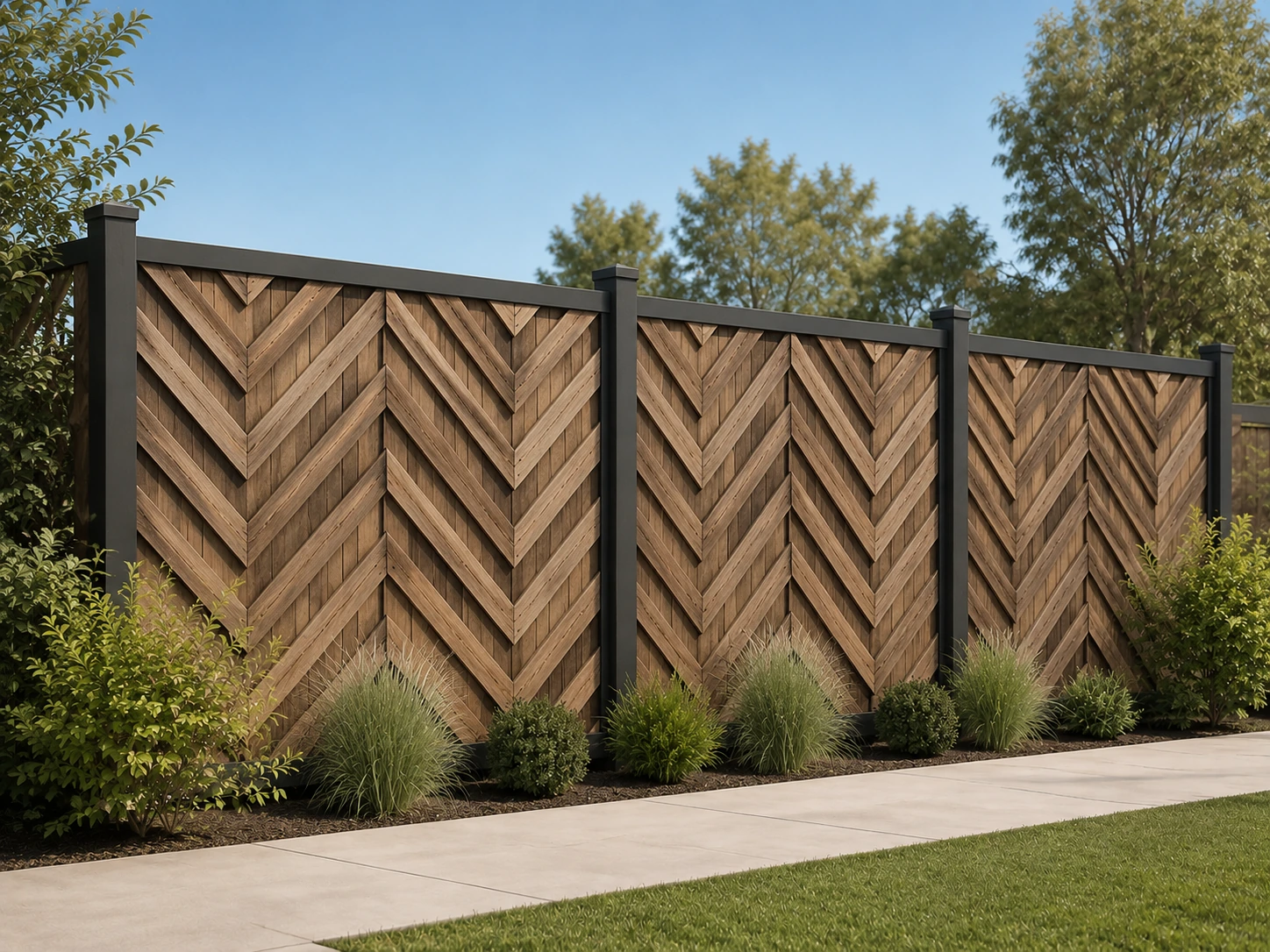 Chevron wood fence with dark posts